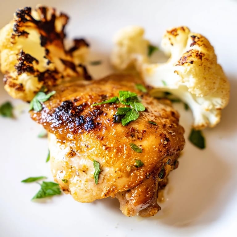 An overhead view of the sheet pan meal: roasted cauliflower and chicken with a hint of chili flakes, paired with lemon wedges and herbs for a gluten-free dinner.