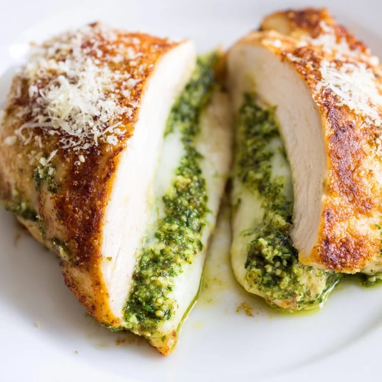 Golden, herb-topped Mozzarella & Pesto Stuffed Chicken resting on a white plate, perfect for an easy Italian dinner.