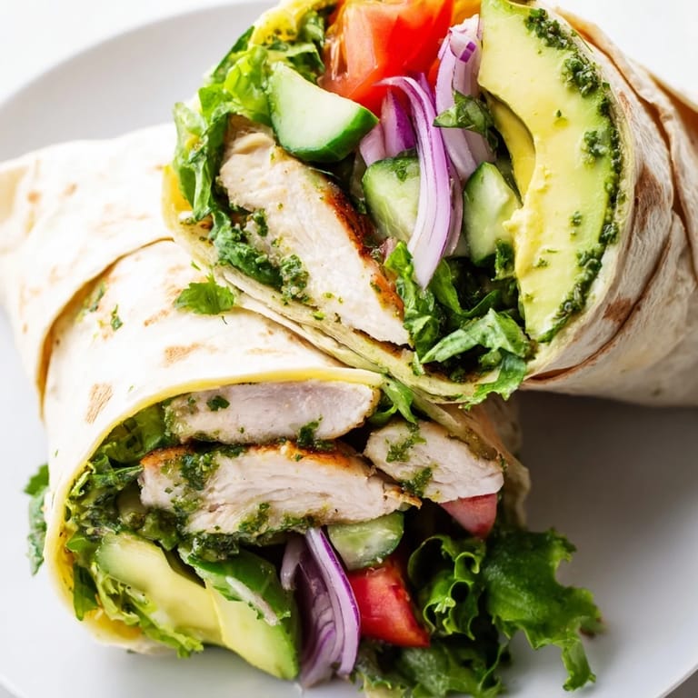 Savory chimichurri chicken wrapped with crunchy vegetables, drizzled in herbaceous sauce, served halved on a rustic wooden board.