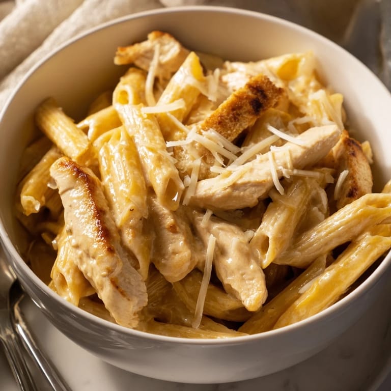 This Caesar Pasta Chicken Bowl is served warm, perfect for a quick and satisfying American meal.