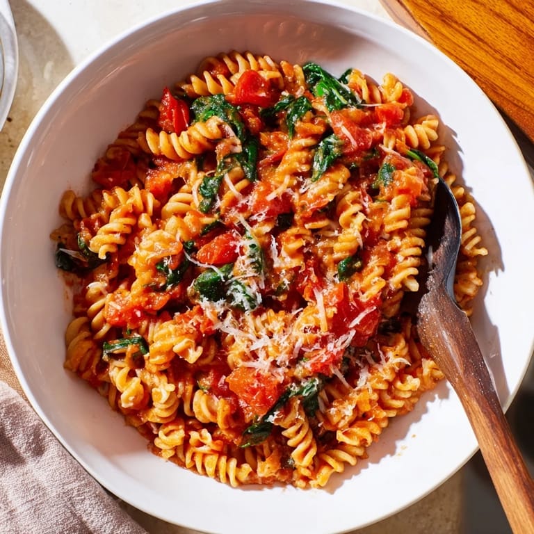 One-pot Tomato Spinach One-Pot Rotini simmered in savory broth, perfect with crusty bread for dinner.