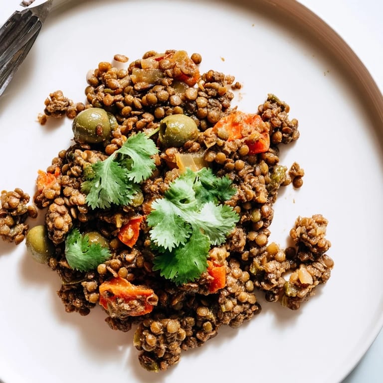 A hearty skillet of Cuban-Inspired Lentil Picadillo with lentils, olives, and raisins, ready for dinner.
