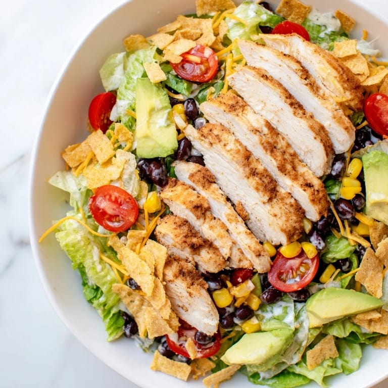 Crunchy Taco Chicken Salad features a bed of fresh greens, colorful veggies, and crisp shell pieces, ready to serve.