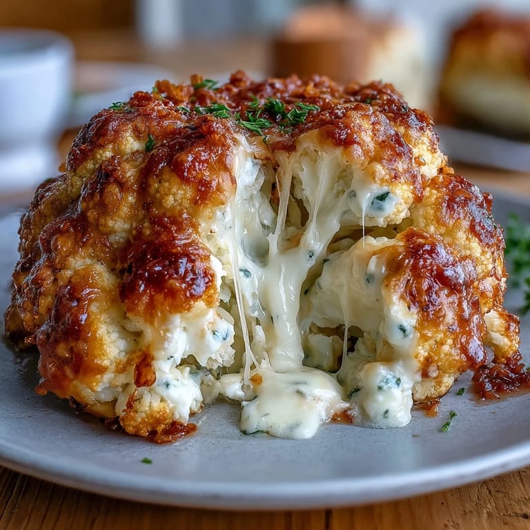Beautifully baked cheesy stuffed cauliflower head, ready to be sliced.