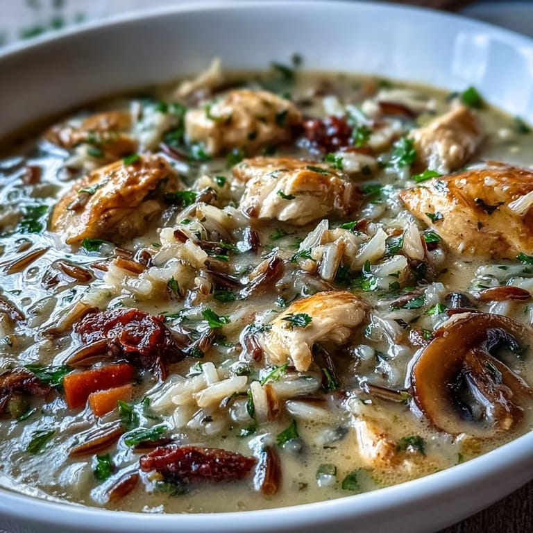 Hearty Parmesan Mushroom Chicken and Wild Rice Soup ladled into a rustic mug, paired with crusty bread for dipping on a cozy table.