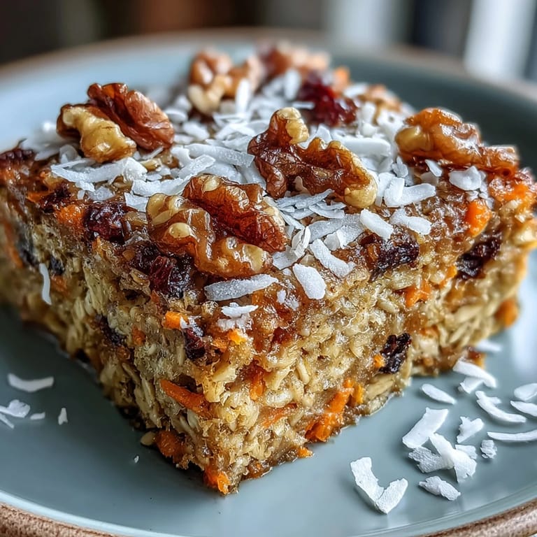 Slice of moist carrot cake baked oatmeal, perfect for a healthy morning.
