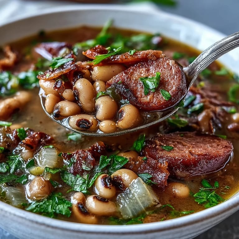 Golden-brown sliced sausage and diced bacon sizzling in a pot, ready to enhance the flavor of classic Southern-Style Black-Eyed Peas.