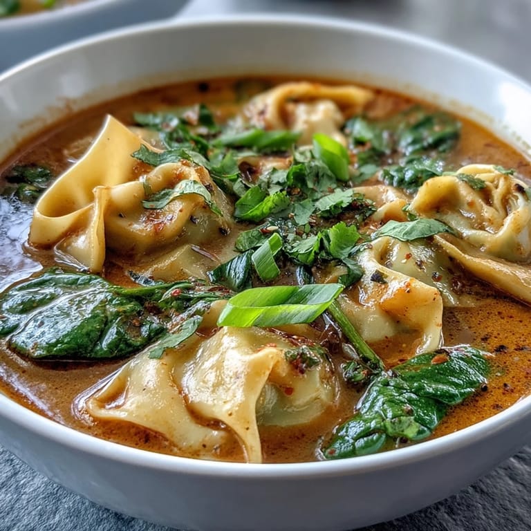 Hearty frozen wontons swim in fragrant red curry coconut broth, ready to enjoy.