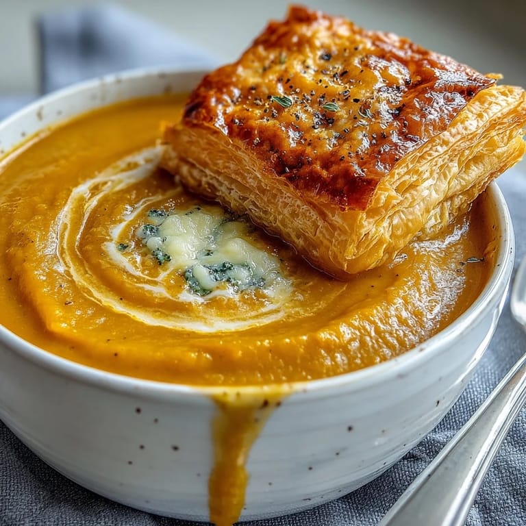 Freshly baked puff pastry rectangles filled with brie and cheddar served with a velvety vegetable soup.