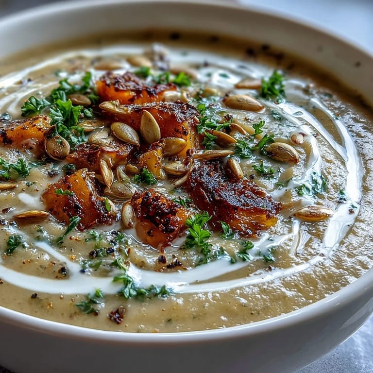 Creamy Roasted Broccoli and Butternut Squash Soup garnished with fresh parsley and a coconut milk drizzle.