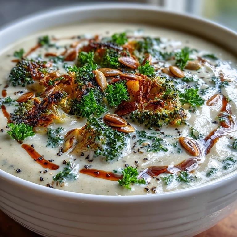 Roasted Broccoli and Butternut Squash Soup served with gluten-free bread and olive oil garnish.