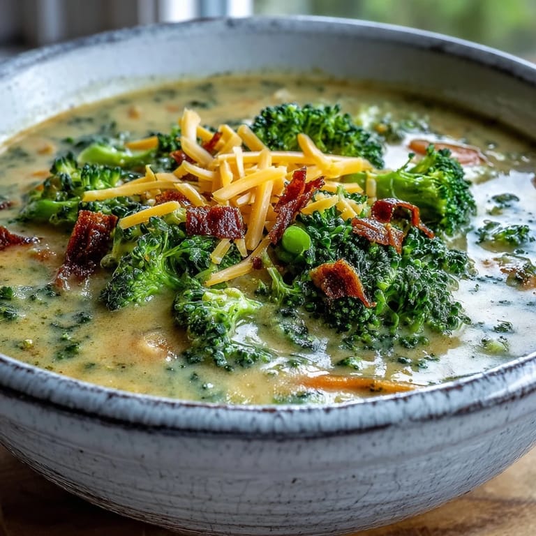 Steam rises from a warm mug of Roasted Broccoli Cheddar Soup, garnished with a fresh thyme sprig and black pepper.