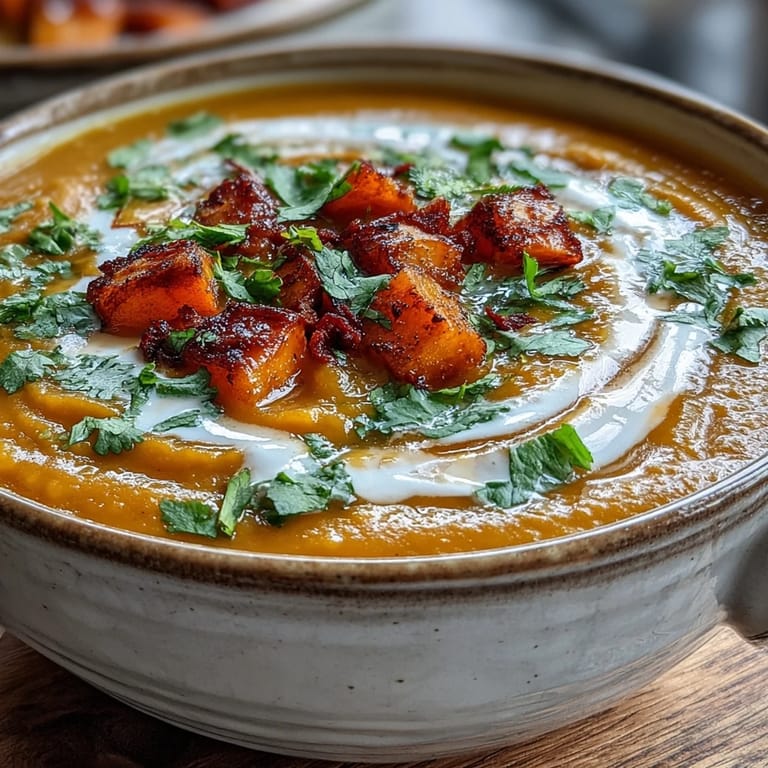 Golden roasted butternut squash and red lentils blend into a nourishing, vegan Butternut Squash and Lentil Soup, steaming beside fresh spices.