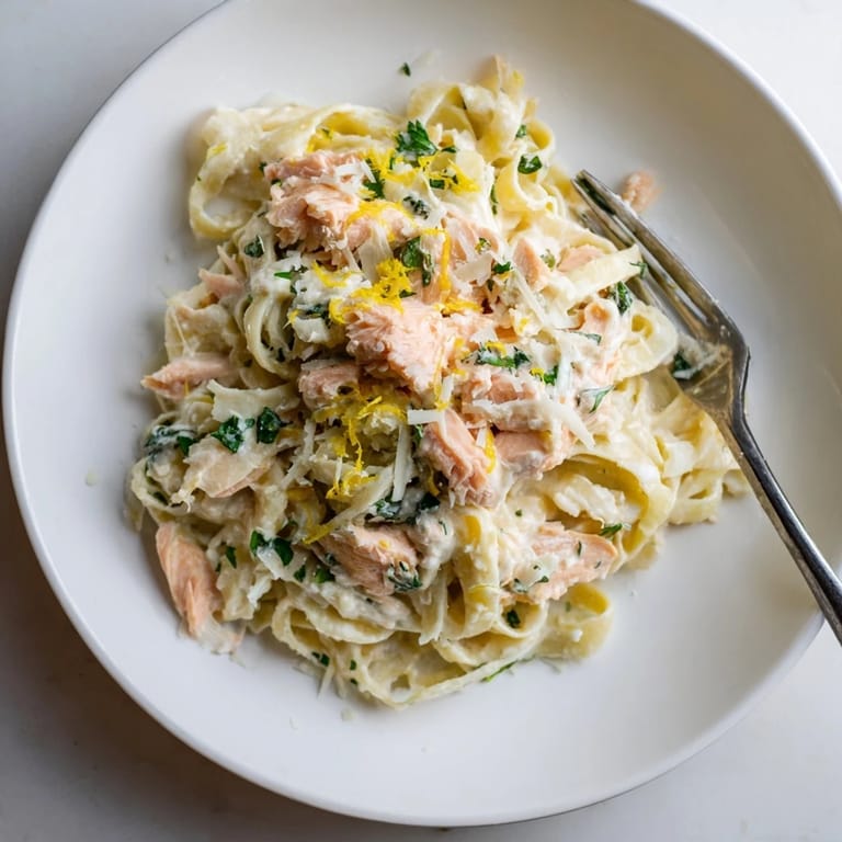 Spoon lifting Creamy Salmon Pasta, showing rich Parmesan sauce coating fettuccine and bright lemon zest for weeknight dinner.