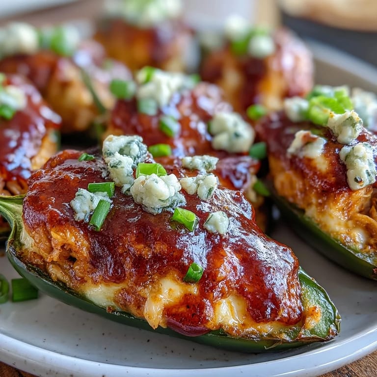 Close-up of Buffalo Wing Poppers with charred jalapeño edges, creamy filling, and chopped chives, served beside crisp celery sticks.