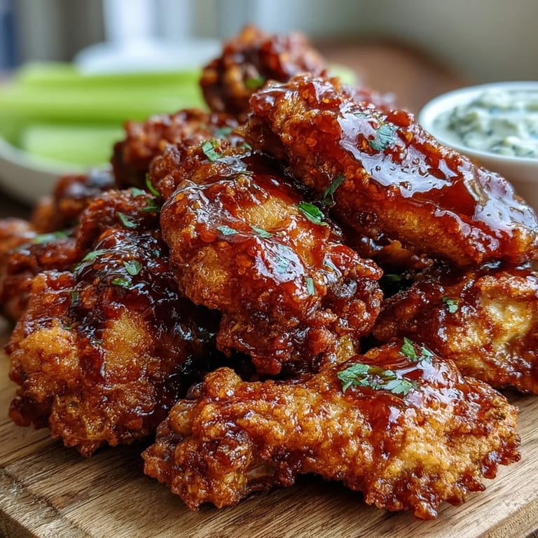 Freshly fried Fried Chicken Wings tossed in spicy Buffalo sauce, garnished with sliced scallions and a side of ranch dressing.