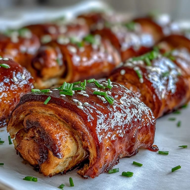 A close-up of Pepper Jelly Hogs in a Blanket reveals the juicy cocktail sausage wrapped in crisp pastry, steam rising from the golden crust.