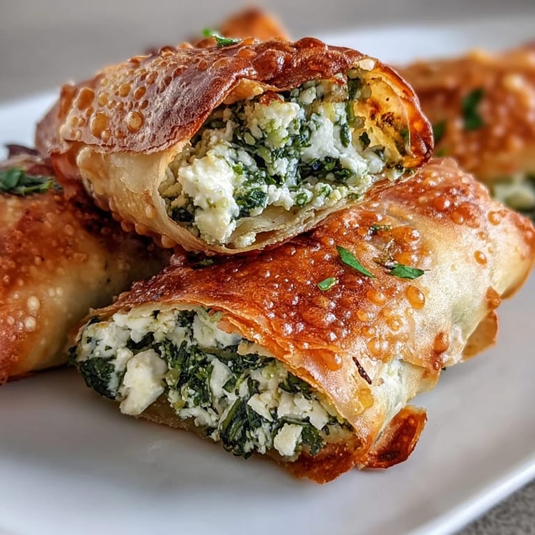 A platter of freshly fried Spanakopita Spring Rolls is arranged beside a small bowl of creamy dill-yogurt dip and fresh lemon wedges.  