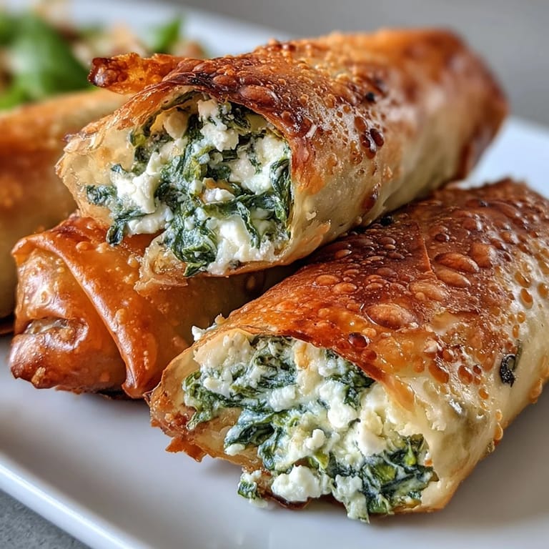 Close-up of a halved Spanakopita Spring Roll revealing the creamy feta and spinach filling, with steam rising from the warm interior.