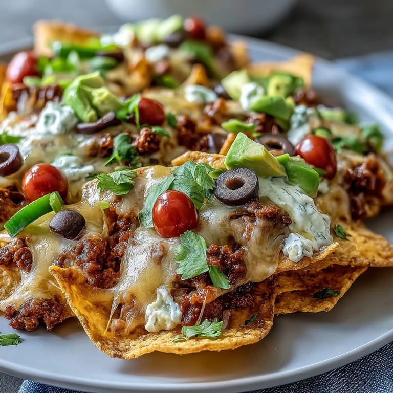 Sizzling hot baked nachos topped with creamy avocado, diced tomatoes, black beans, and sour cream for dipping.