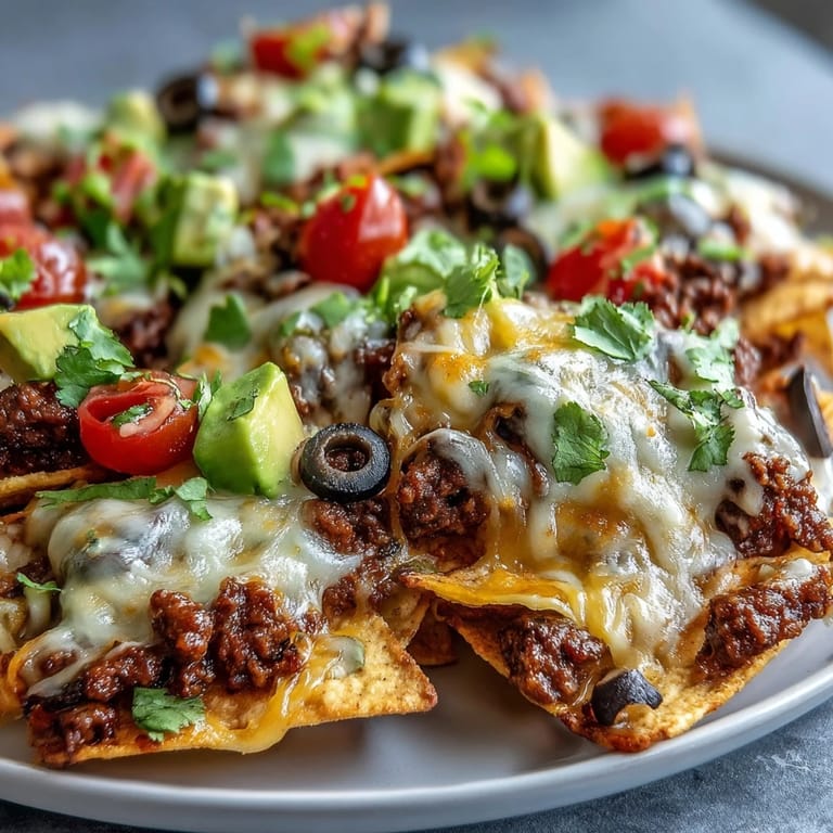 Freshly baked Tex-Mex nachos with layered chips, ground beef, shredded cheese, and vibrant, spicy toppings.