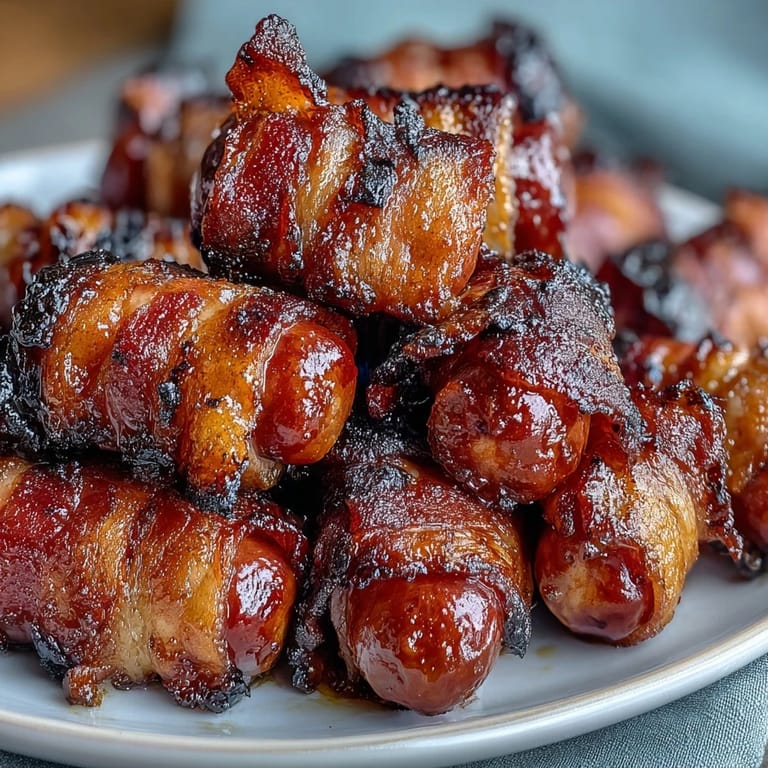 Party platter of Bacon-Wrapped Smokies served warm with toothpicks for easy grabbing.