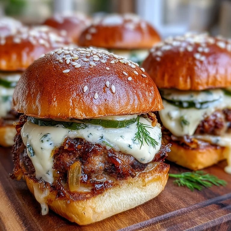 Twelve warm Touchdown Brat Sliders garnished with dill pickles served on a wooden serving board.