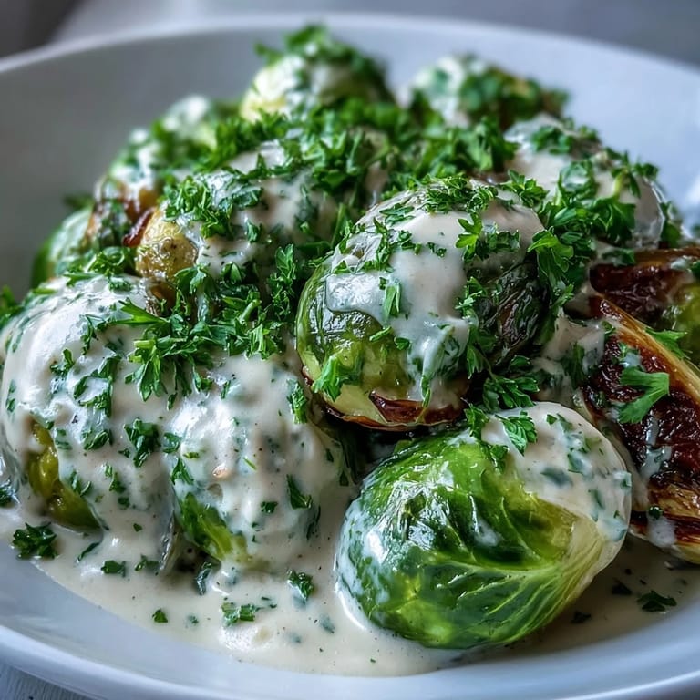Fork-tender Brussels sprouts coated in a velvety Dijon cream cheese sauce, finished with fresh parsley.