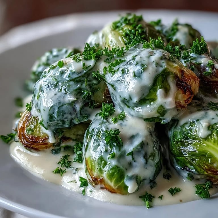 Golden Brussels sprouts in a rich Dijon cream cheese sauce, perfect alongside roasted chicken or pork.