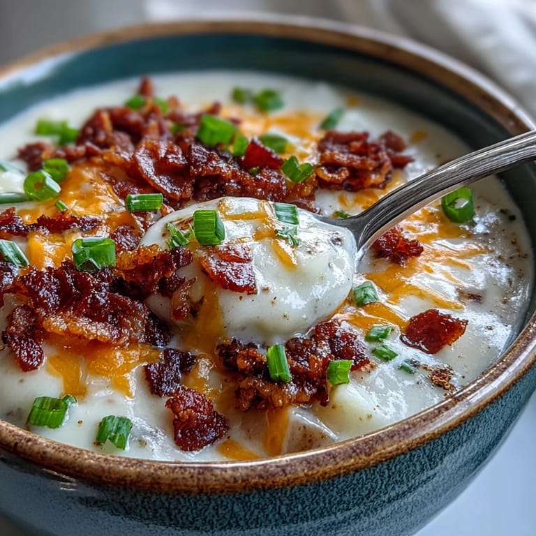 Steaming Loaded Potato Soup topped with fresh scallions and cheddar, paired with crusty bread for dipping.