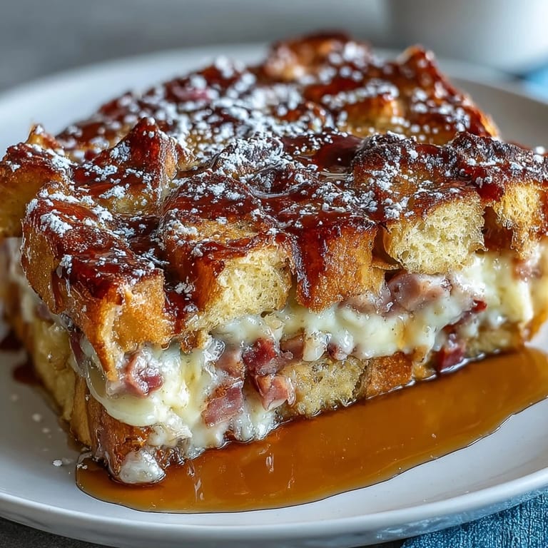Savory and sweet Monte Cristo Breakfast Casserole served warm for a festive brunch.