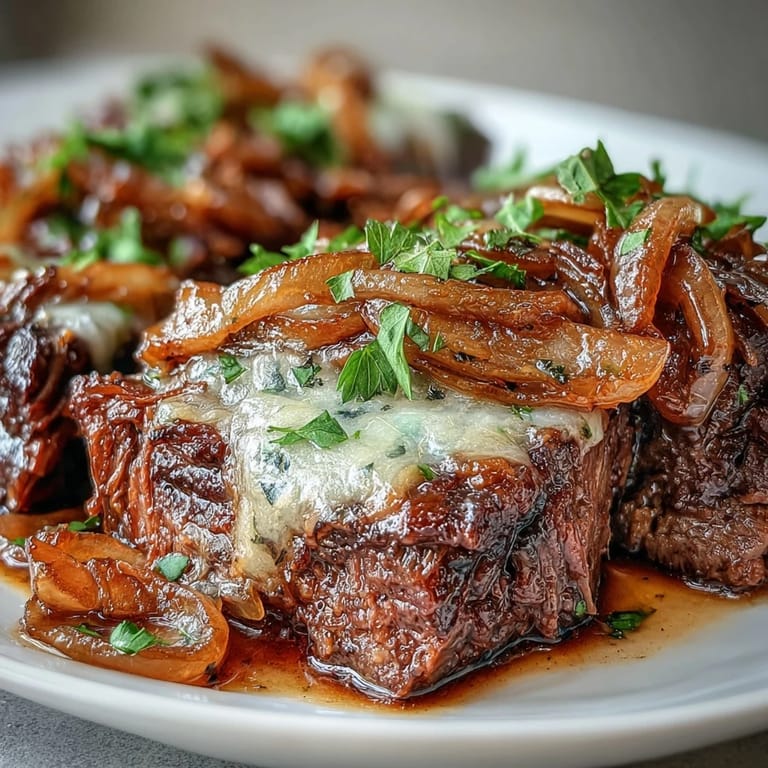Hearty slices of beef roast served over creamy mashed potatoes, drizzled with savory French onion juices and melted cheese.
