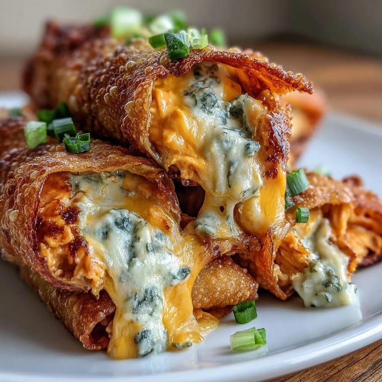 A platter of baked Buffalo Chicken Dip Egg Rolls is served with a side of cool ranch dressing for dipping.