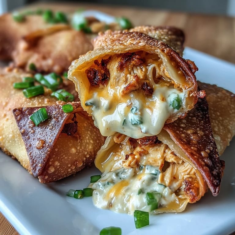 Freshly made Buffalo Chicken Dip Egg Rolls are stacked on a plate, garnished with chopped green onions and a drizzle of buffalo sauce.
