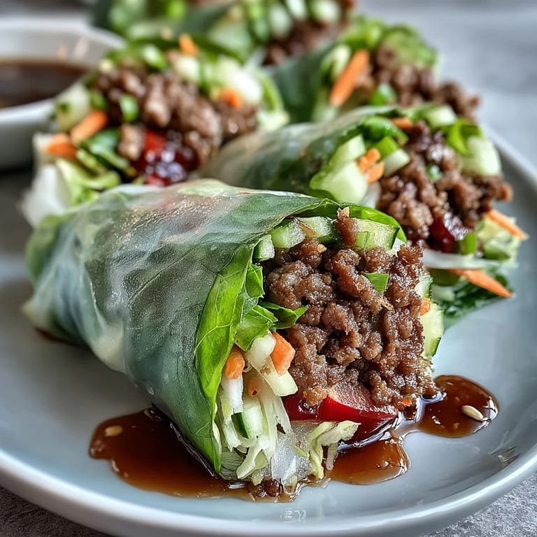 Thai Basil Beef Rolls wrapped in soft rice paper, piled with julienned cucumber, carrots, and fresh herbs.