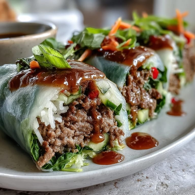 Warm Thai Basil Beef Rolls on a platter, garnished with Thai basil leaves and a side of spicy dipping sauce.