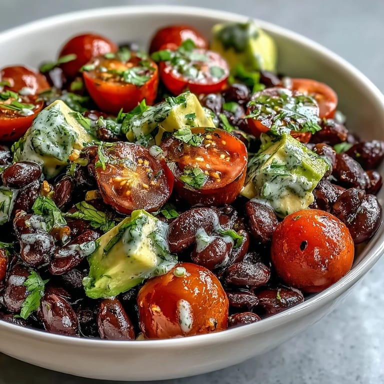 Overhead view of a fresh Black Bean and Veggie Bowl with colorful ingredients ready to serve for a healthy meal.