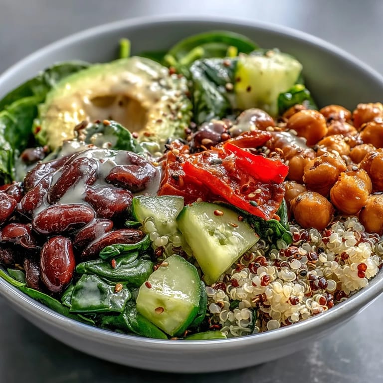 Overhead view of the Three-Bean Power Bowl with diced cucumbers, red onions, and a zesty lemon dressing drizzled over.