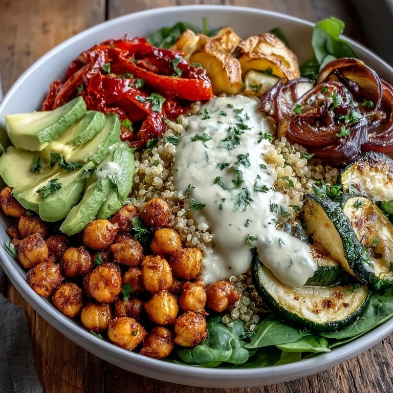 Assembled Roasted Chickpea Power Bowl featuring smoky roasted chickpeas, hearty grains, and caramelized veggies, garnished with fresh parsley and sliced avocado.