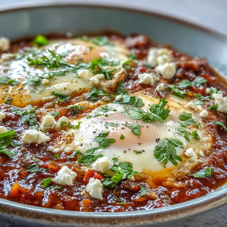 Warm pita bread is torn and ready to dip into the Shakshuka Bowl, accompanied by fresh cilantro and crumbled feta cheese.