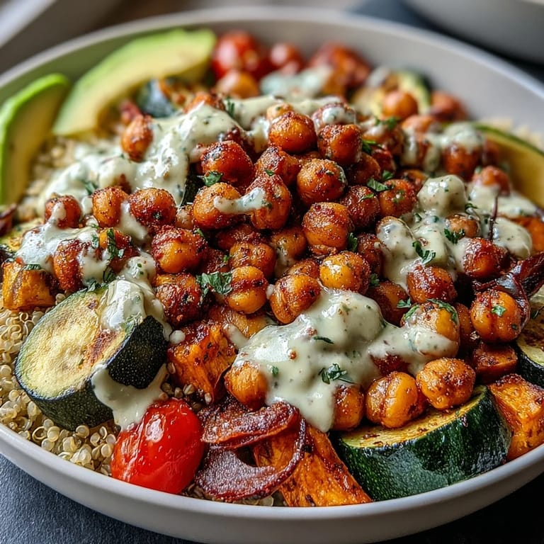 Overhead view of a Chickpea Power Bowl with fluffy grains, roasted sweet potatoes, and cherry tomatoes drizzled with tahini sauce.