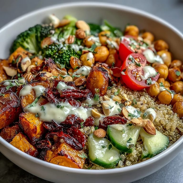A fresh, colorful Meal Prep Week-Long Power Bowl topped with crunchy almonds, pumpkin seeds, and vibrant cherry tomatoes and cucumber.