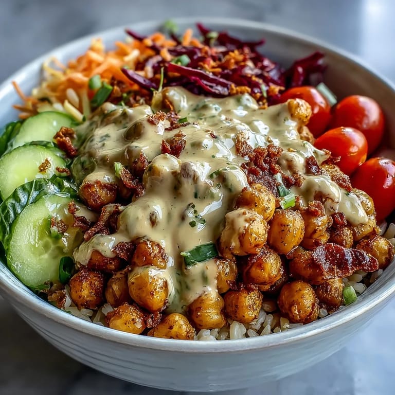 Drizzled peanut sauce over brown rice, red cabbage, and cherry tomatoes makes this colorful Peanut Chickpea Protein Bowl perfect for meal prep.