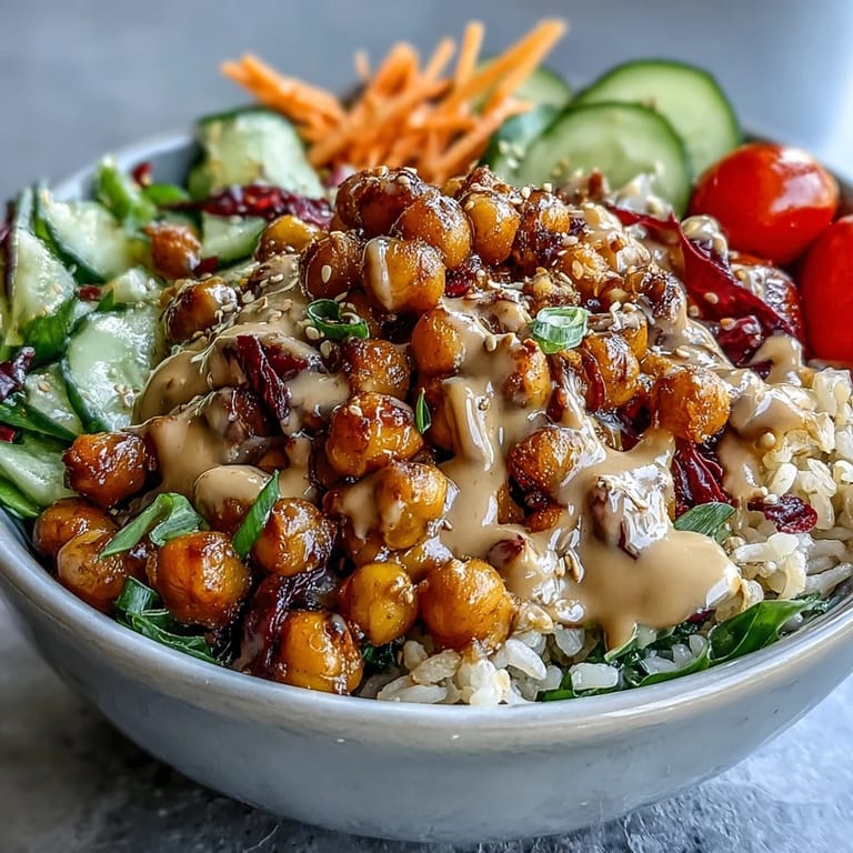 Crispy chickpeas roasted with smoked paprika join cucumber, carrots, and edamame in a vibrant Peanut Chickpea Protein Bowl topped with chopped peanuts.