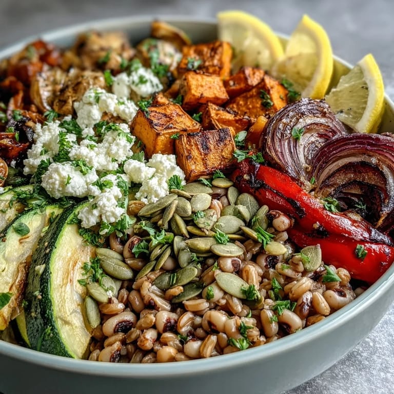 Close-up on a hearty Black-Eyed Pea Grain Bowl showing tender beans, caramelized onions, and zucchini nestled in wild rice.