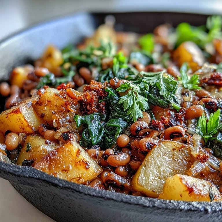 Close-up of Black-Eyed Pea Skillet Dinner, featuring tender potatoes, sweet onions, and fresh parsley garnish.