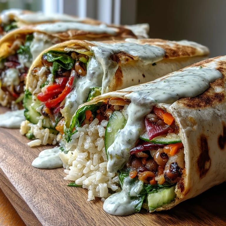 Close-up of a Black-Eyed Pea Wrap with whole wheat tortilla, julienned cucumbers, and red onion, garnished with herbs and a side of tahini dip.
