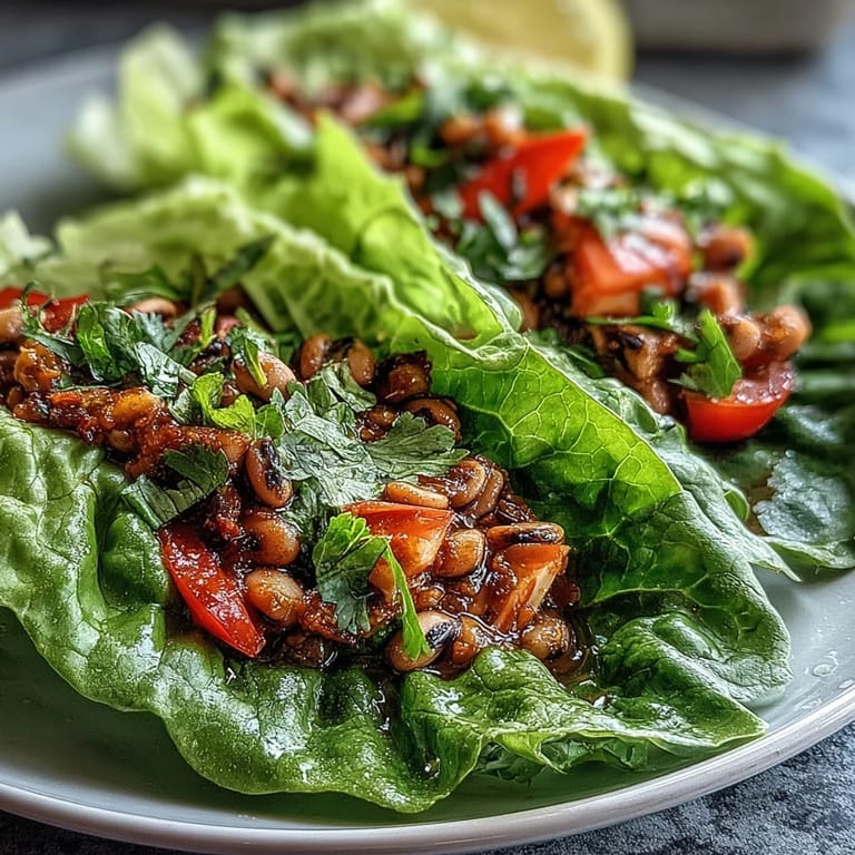 A close-up of Black-Eyed Pea Lettuce Wraps revealing diced red peppers, cherry tomatoes, and green onions.