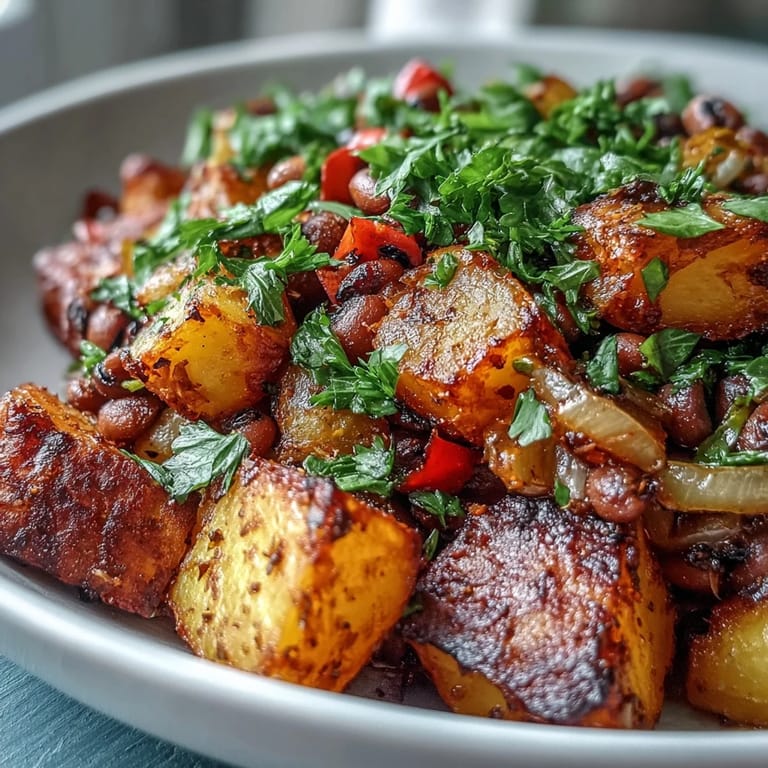 Hearty Southern black-eyed pea hash, served with vibrant peppers and onions, perfect for a savory breakfast side.