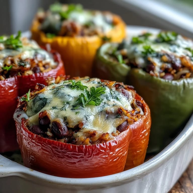 Tender bell peppers overflowing with a hearty Black-Eyed Pea Stuffed Peppers filling garnished with fresh parsley.